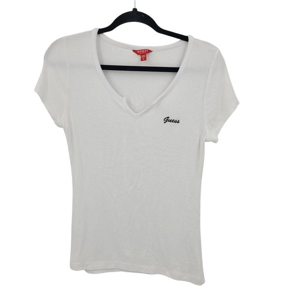 Y2K Guess White‎ Ribbed Womens Short Sleeve V-neck Top Sz M Black Logo Stretch